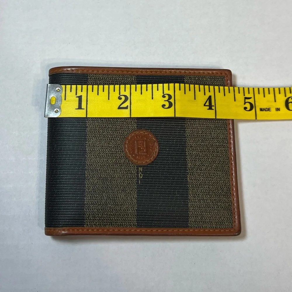 FENDI Pequin Patterned Bifold Wallet Brown/Black PVC &‎ Cognac Leather